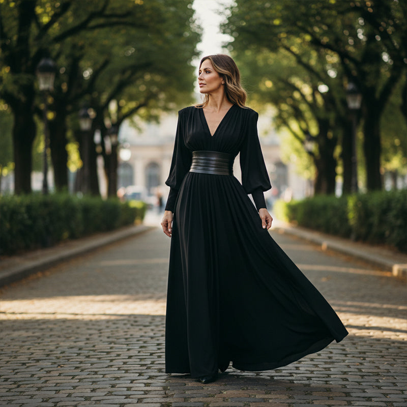 Robe longue à manches longues et col en V pour femme, avec ceinture