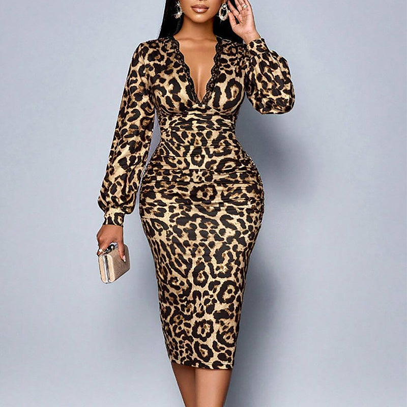 🔥50% de réduction ! 💃 Robe mi-longue léopard à col V dentelle & manches lanternes – Élégante, flatteuse et audacieuse 🐾