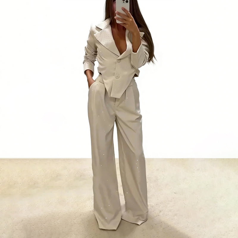 Ensemble blazer et pantalon asymétrique à revers pour femme