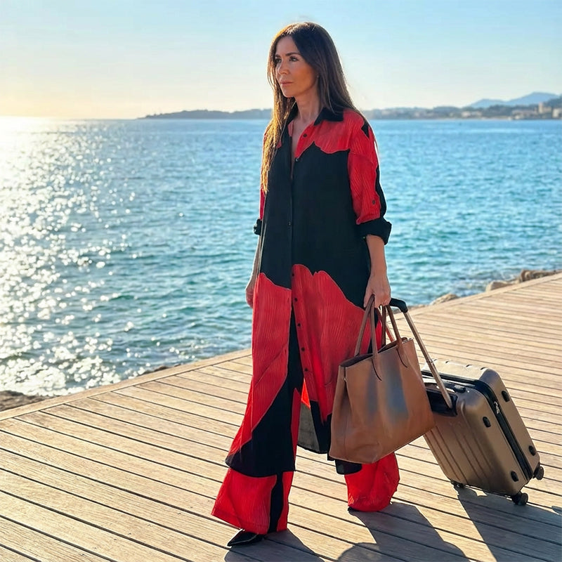 Ensemble élégant composé d'une chemise longue et d'un pantalon large