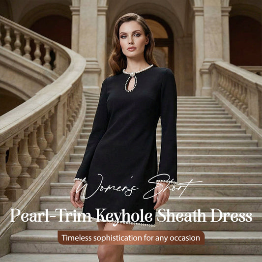 Robe fourreau courte femme à encolure ajourée avec finitions en perles