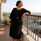 Robe midi plissée à manches 3/4 avec ceinture pour femme