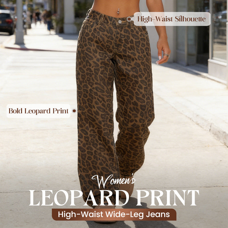 🐆 50 % DE RÉDUCTION EN CE MOMENT ! Jean femme taille haute à jambes larges – Imprimé léopard audacieux, coupe décontractée et design classique à 5 poches 👖✨