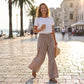 Pantalon large à taille haute en vichy pour femme