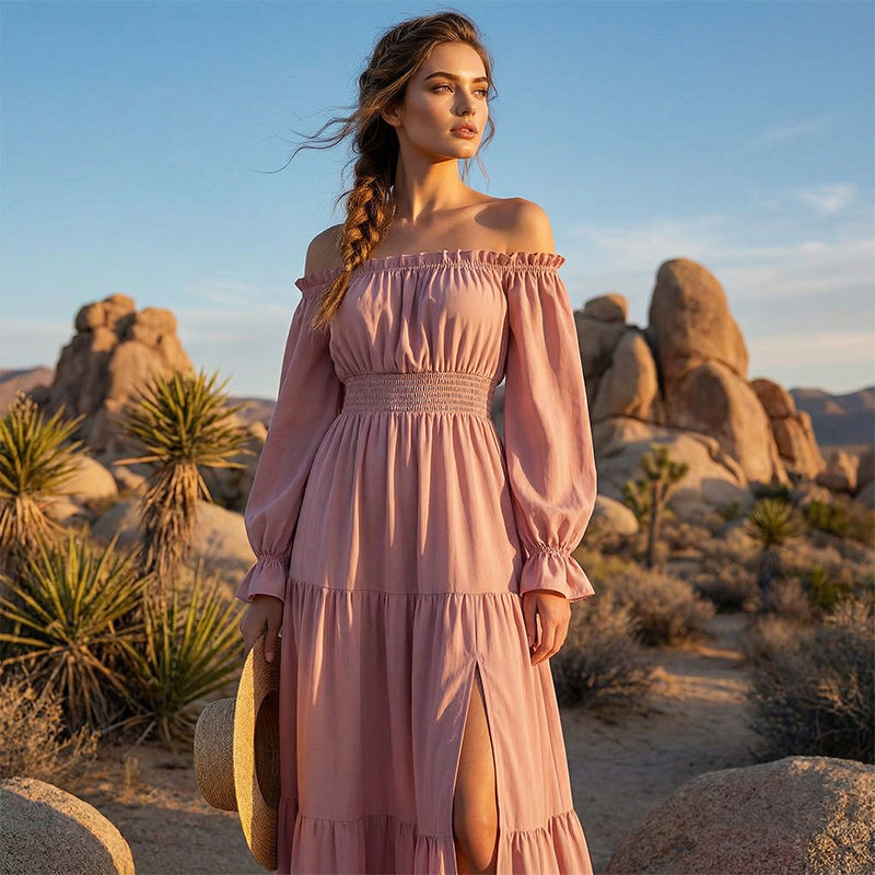 Robe femme à épaules dénudées et taille haute
