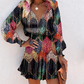 Mini-robe à col en V, manches longues et ourlet volanté pour femme