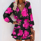 Mini-robe à col en V, manches longues et ourlet volanté pour femme