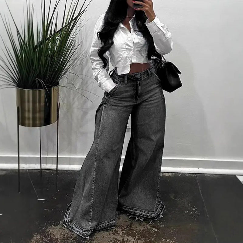 📢📢55 % de réduction !! ⏰Jean oversize à taille haute et jambes larges pour femme
