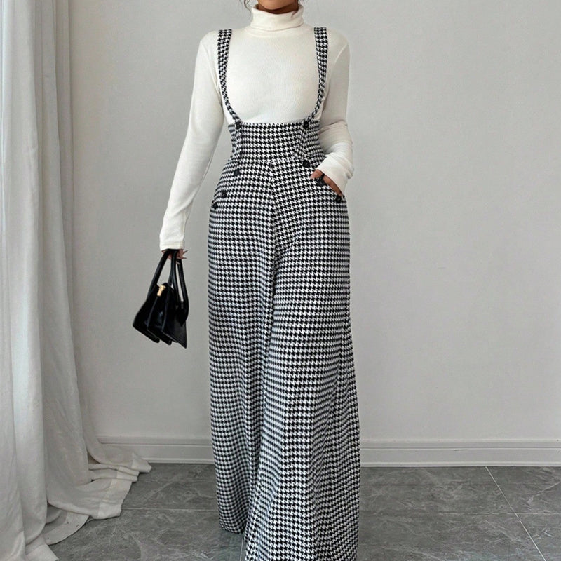 📢📢50 % DE RÉDUCTION !! ⏰ Pantalon Taille Haute à Bretelles Motif Pied-de-Poule – Coupe Large, Élégance Vintage & Silhouette Allongée 🎀👖