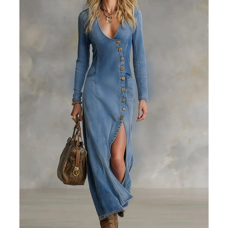 📢📢50% DE RÉDUCTION !! ⏰ Robe Longue à Manches Longues et Col en V pour Femme – Tissu Doux, Coupe Élégante & Silhouette Maxi Fluide 👗💃