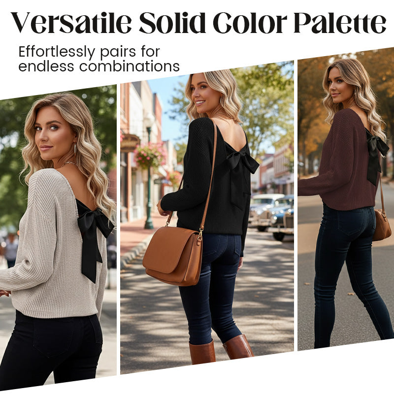 🧶 60% de Réduction! 🎀 Pull à Col en V pour Femme – Nœud Papillon Élégant, Confortable & Chic Derrière ✨