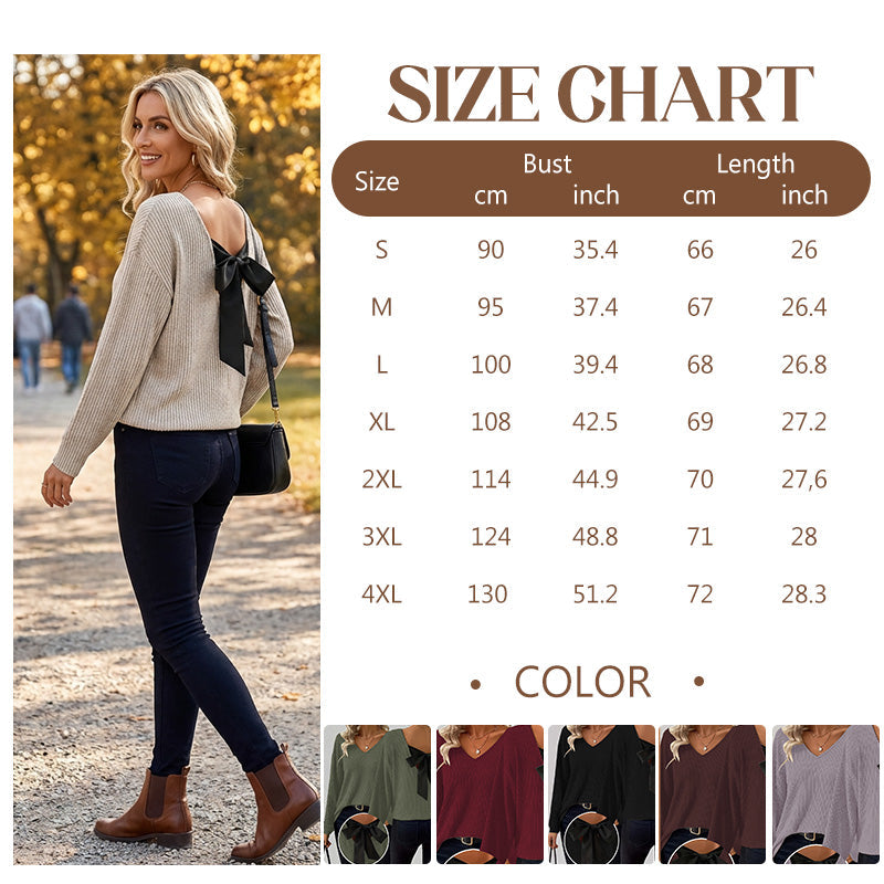 🧶 60% de Réduction! 🎀 Pull à Col en V pour Femme – Nœud Papillon Élégant, Confortable & Chic Derrière ✨