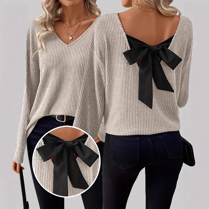 🧶 60% de Réduction! 🎀 Pull à Col en V pour Femme – Nœud Papillon Élégant, Confortable & Chic Derrière ✨