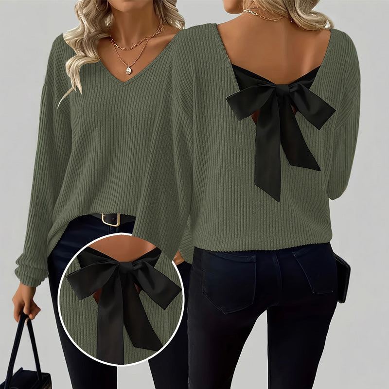🧶 60% de Réduction! 🎀 Pull à Col en V pour Femme – Nœud Papillon Élégant, Confortable & Chic Derrière ✨