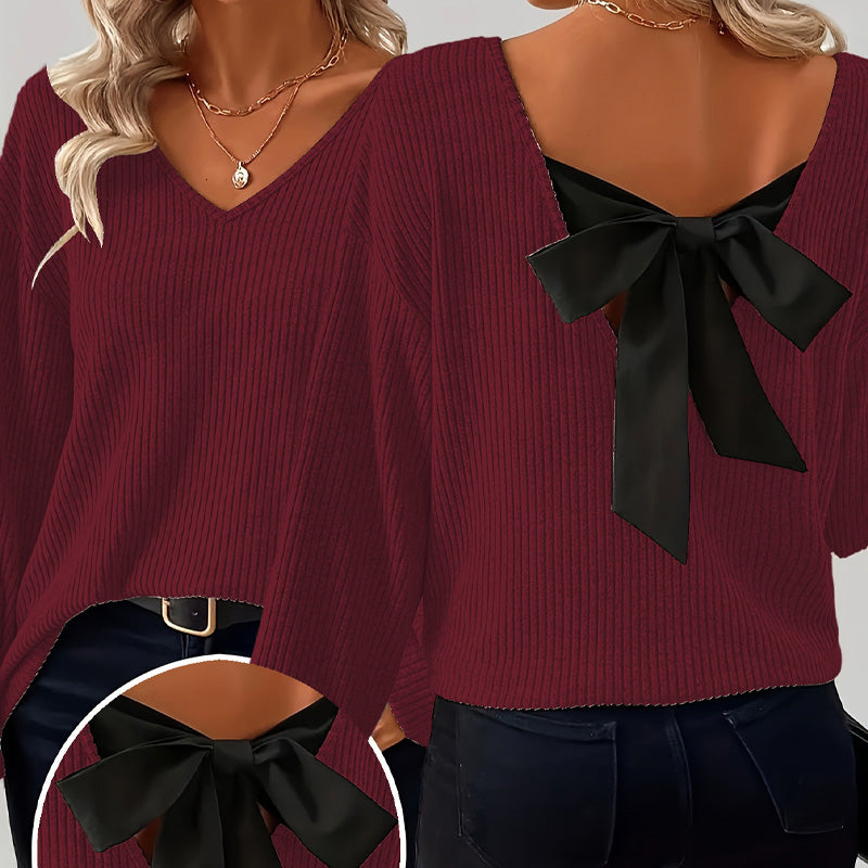 🧶 60% de Réduction! 🎀 Pull à Col en V pour Femme – Nœud Papillon Élégant, Confortable & Chic Derrière ✨