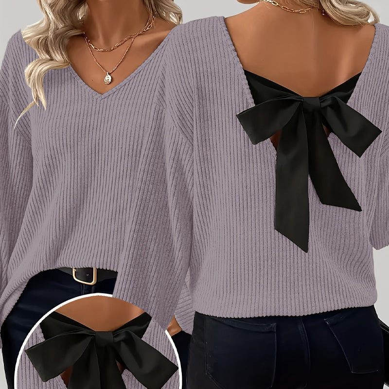 🧶 60% de Réduction! 🎀 Pull à Col en V pour Femme – Nœud Papillon Élégant, Confortable & Chic Derrière ✨