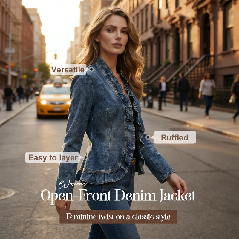 Veste en jean à boutons pour femme, avec volants et ouverture sur le devant