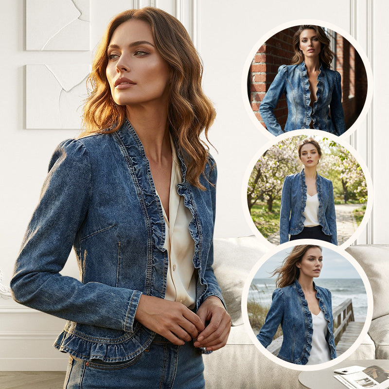 🧥 50 % DE RÉDUCTION !! 🌸 Veste en jean pour femme à volants et devant ouvert – Légère et féminine – Polyvalente et chic 👗