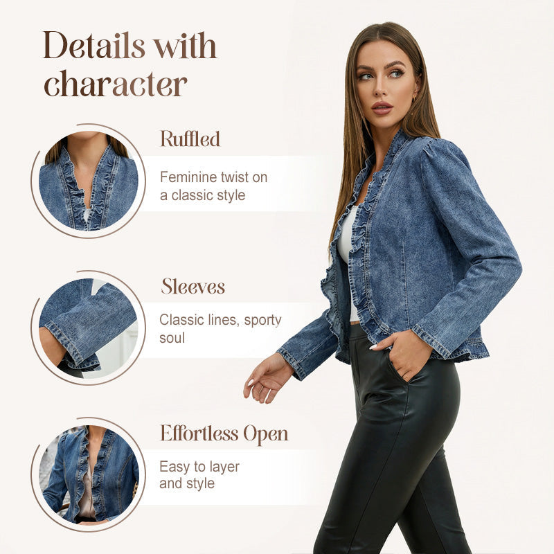 Veste en jean à boutons pour femme, avec volants et ouverture sur le devant