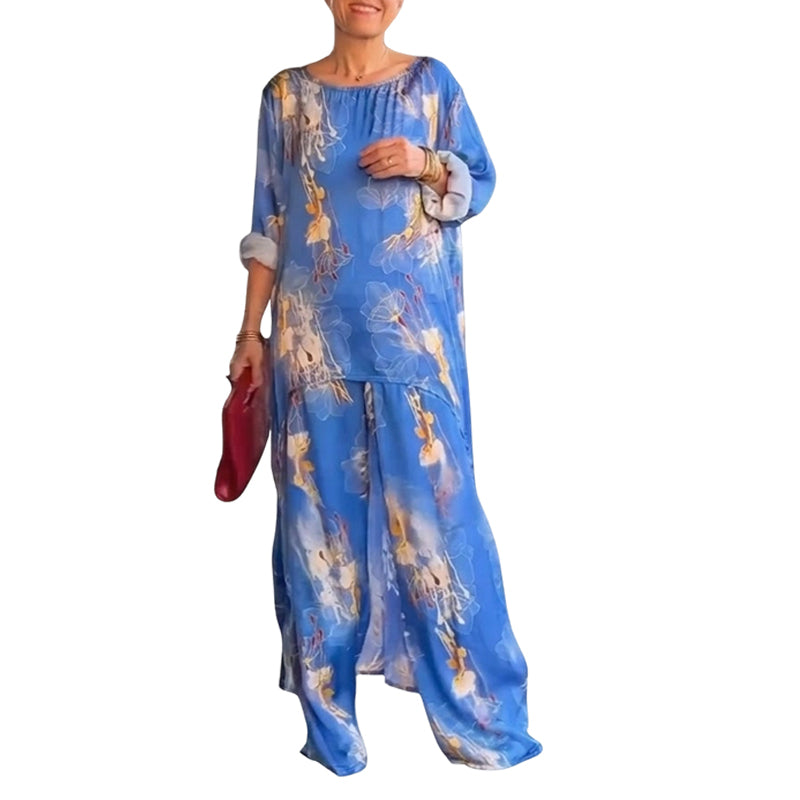 Ensemble tunique asymétrique et pantalon à imprimé floral pour femme