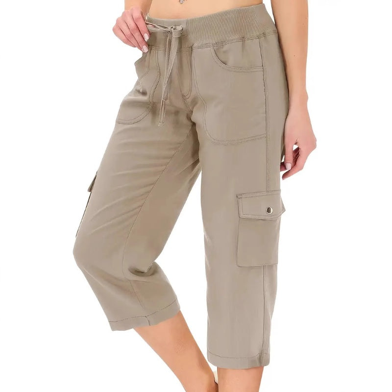 ✨Vente chaude 50% de rabais💖Pantalon cargo 3/4 taille haute uni pour femme avec cordon de serrage