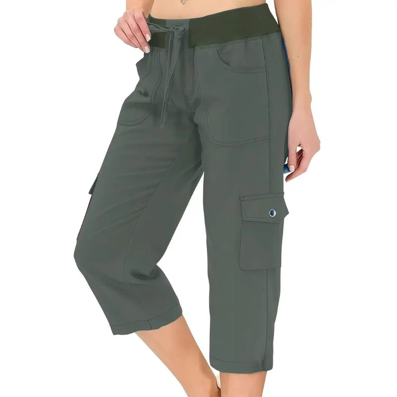 ✨Vente chaude 50% de rabais💖Pantalon cargo 3/4 taille haute uni pour femme avec cordon de serrage