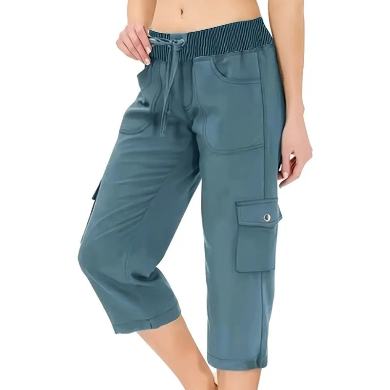 ✨Vente chaude 50% de rabais💖Pantalon cargo 3/4 taille haute uni pour femme avec cordon de serrage