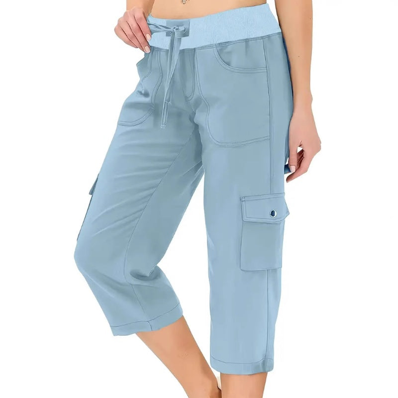 ✨Vente chaude 50% de rabais💖Pantalon cargo 3/4 taille haute uni pour femme avec cordon de serrage