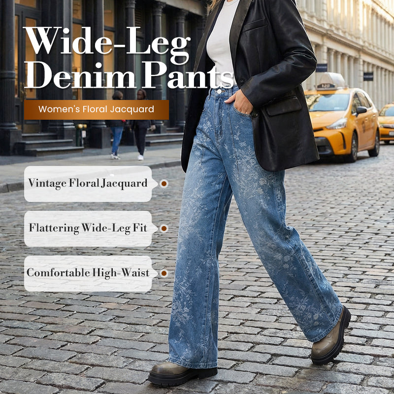 Pantalon en jean à jambes larges et motif jacquard floral pour femm