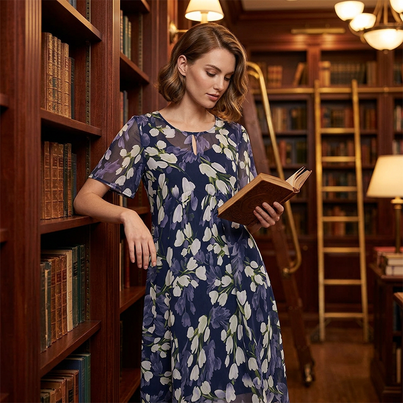 💎 50% DE RÉDUCTION ! 💎 Robe de Soirée Trapèze à Manches Courtes – Imprimé Floral Élégant, Double Couche en Mousseline & Coupe Flatteuse au Genou 👗💙