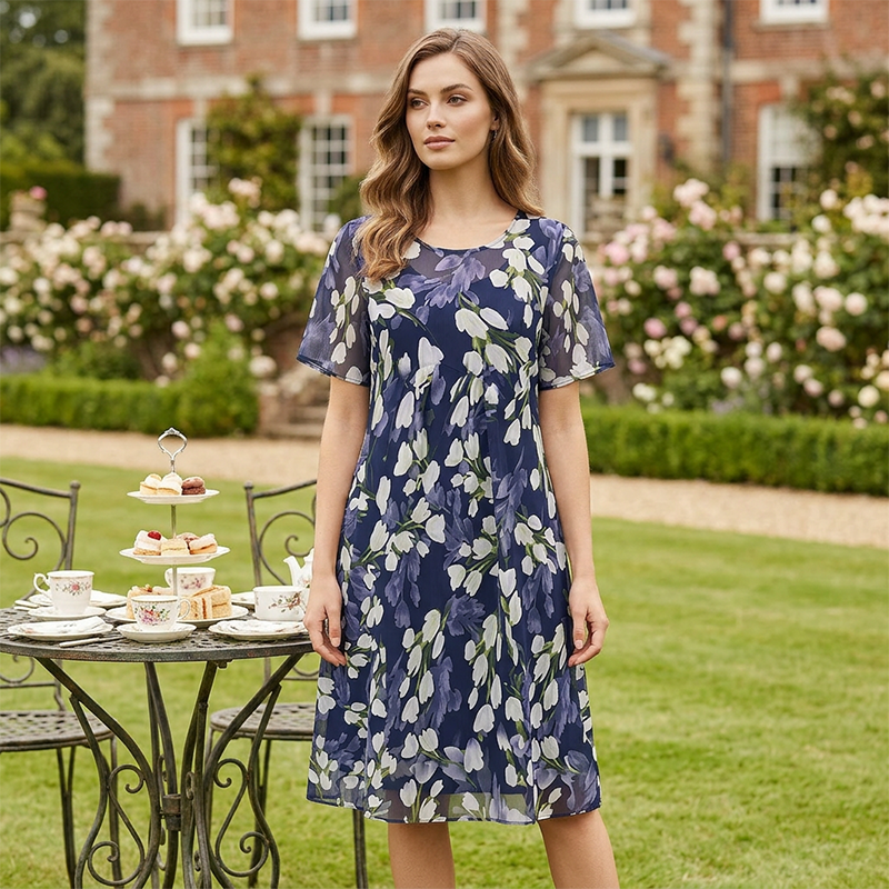 💎 50% DE RÉDUCTION ! 💎 Robe de Soirée Trapèze à Manches Courtes – Imprimé Floral Élégant, Double Couche en Mousseline & Coupe Flatteuse au Genou 👗💙
