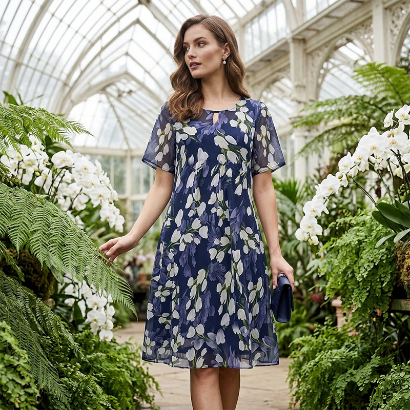 💎 50% DE RÉDUCTION ! 💎 Robe de Soirée Trapèze à Manches Courtes – Imprimé Floral Élégant, Double Couche en Mousseline & Coupe Flatteuse au Genou 👗💙