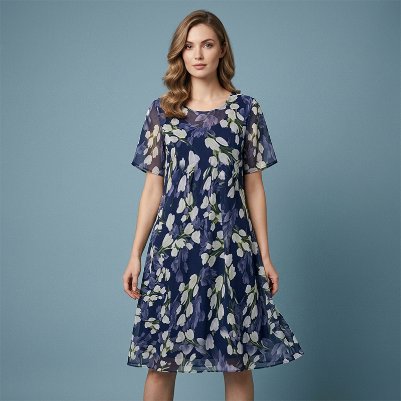💎 50% DE RÉDUCTION ! 💎 Robe de Soirée Trapèze à Manches Courtes – Imprimé Floral Élégant, Double Couche en Mousseline & Coupe Flatteuse au Genou 👗💙