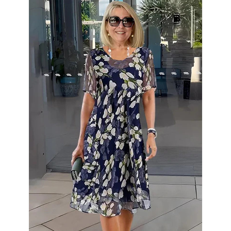 💎 50% DE RÉDUCTION ! 💎 Robe de Soirée Trapèze à Manches Courtes – Imprimé Floral Élégant, Double Couche en Mousseline & Coupe Flatteuse au Genou 👗💙