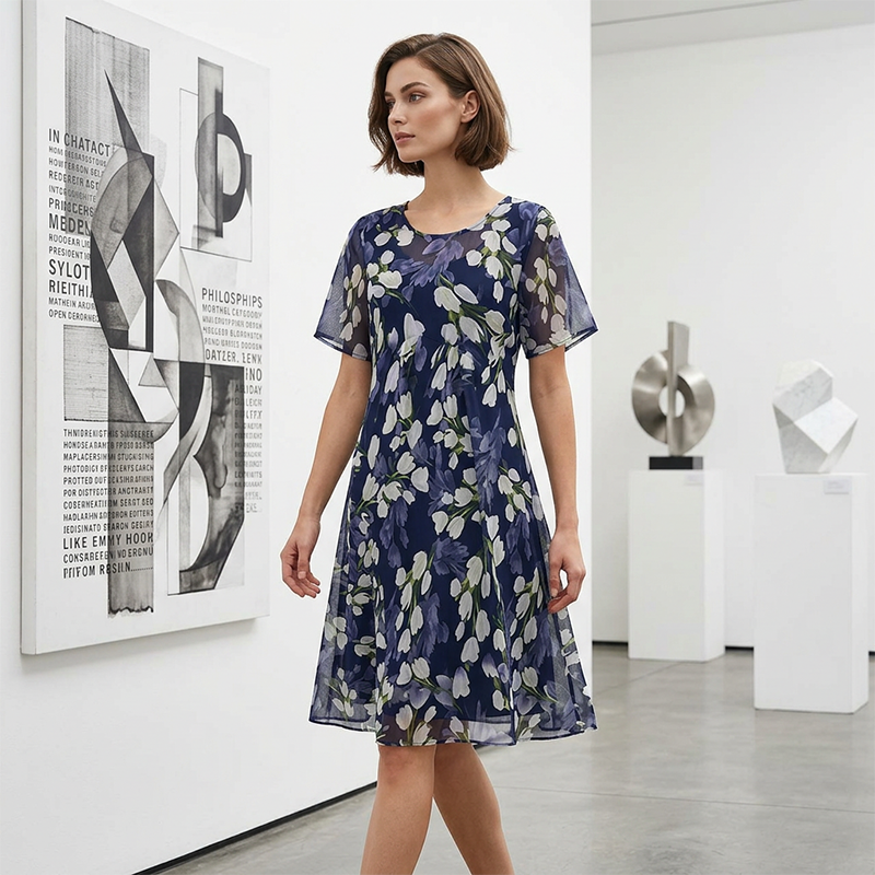 💎 50% DE RÉDUCTION ! 💎 Robe de Soirée Trapèze à Manches Courtes – Imprimé Floral Élégant, Double Couche en Mousseline & Coupe Flatteuse au Genou 👗💙