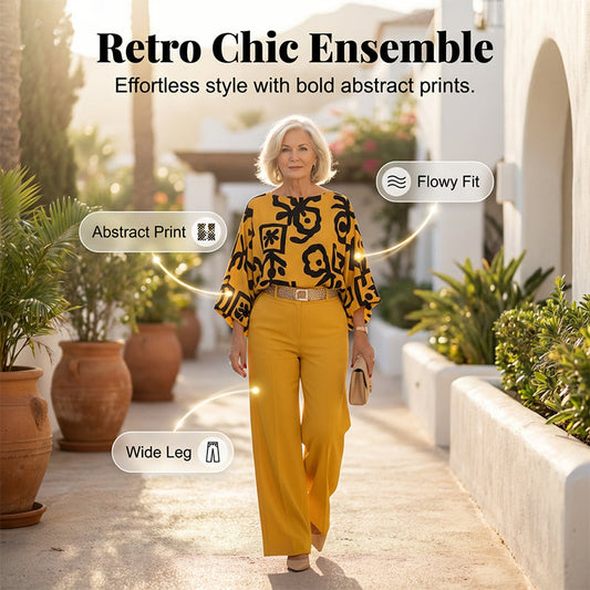 Ensemble femme composé d'un haut à imprimé graphique rétro et d'un pantalon à jambes larges