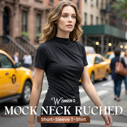 T-shirt à col montant froncé et manches courtes pour femme