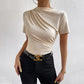 T-shirt à col montant froncé et manches courtes pour femme