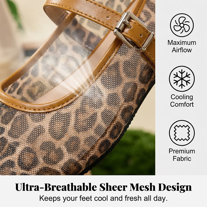 Women's Leopard Print Mesh Mary Jane Flats