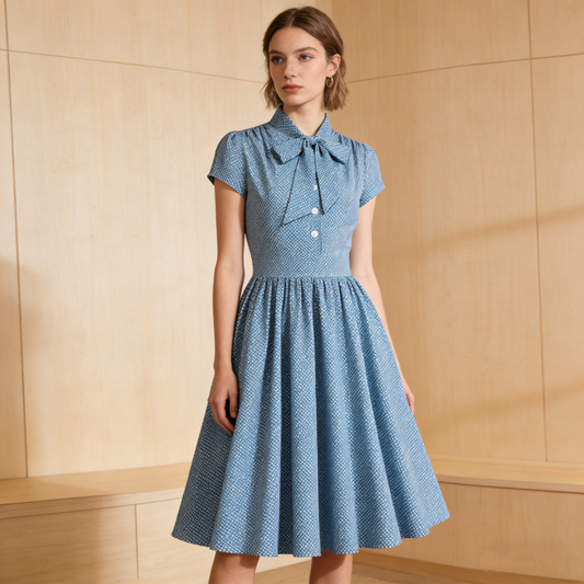 Robe trapèze à pois pour femme avec nœud au cou