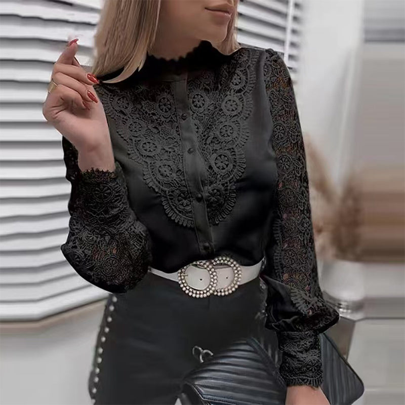 Blouse à manches longues en dentelle ajourée pour femme