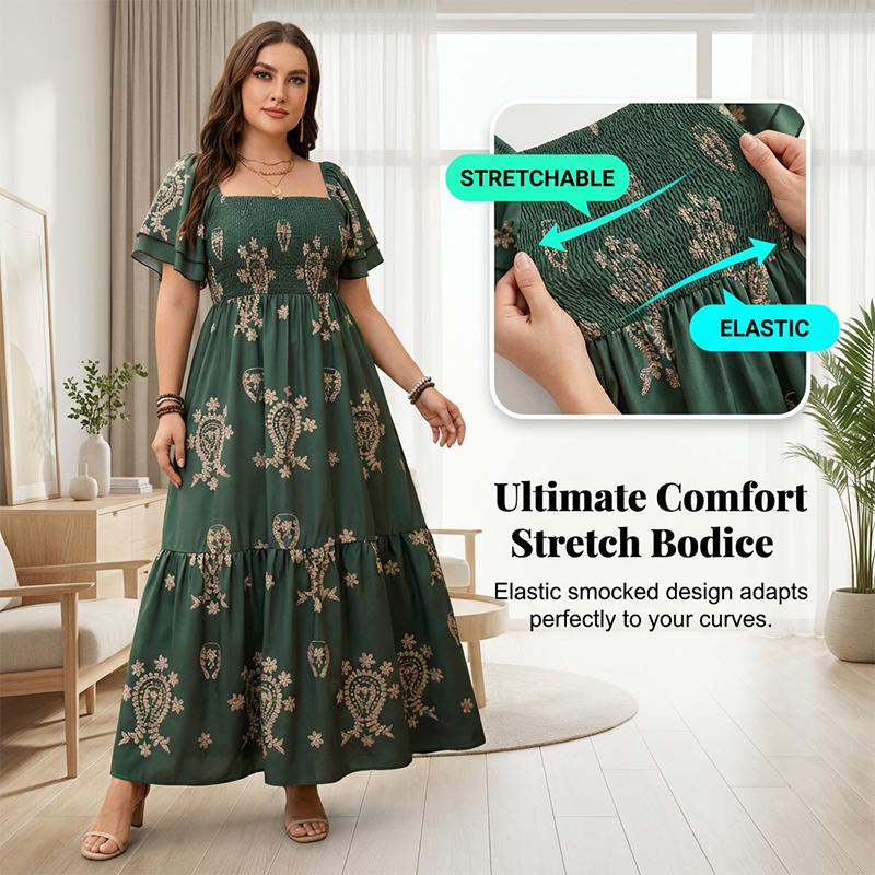 Robe fluide à encolure carrée et smocks pour femme💗 Une élégance naturelle✨