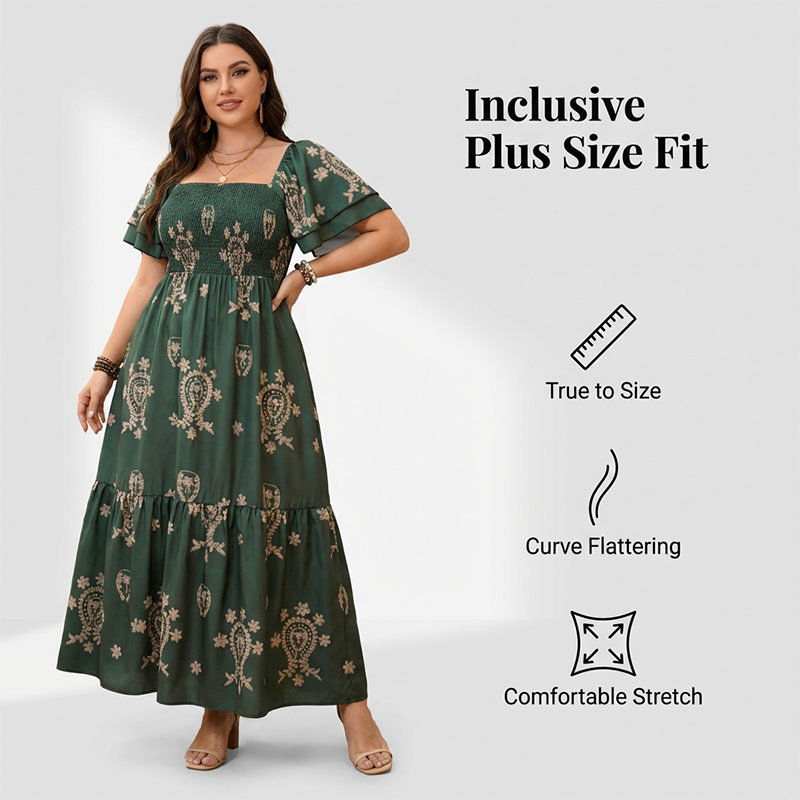 Robe fluide à encolure carrée et smocks pour femme💗 Une élégance naturelle✨
