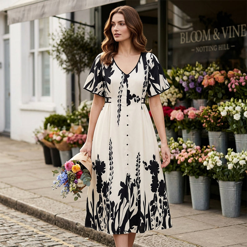 🔥Tendance 2026🔥Robe midi à col V et imprimé botanique doux – Élégante, légère et facile à assortir