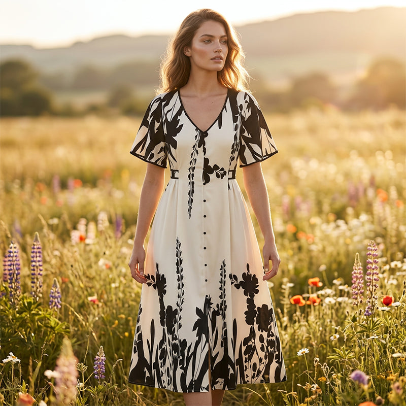 🔥Tendance 2026🔥Robe midi à col V et imprimé botanique doux – Élégante, légère et facile à assortir