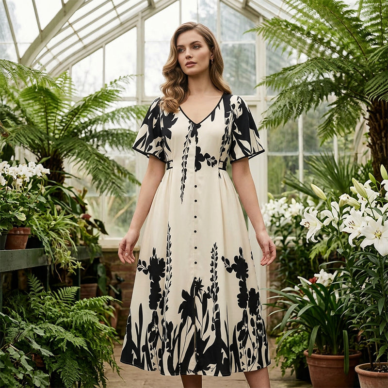 🔥Tendance 2026🔥Robe midi à col V et imprimé botanique doux – Élégante, légère et facile à assortir