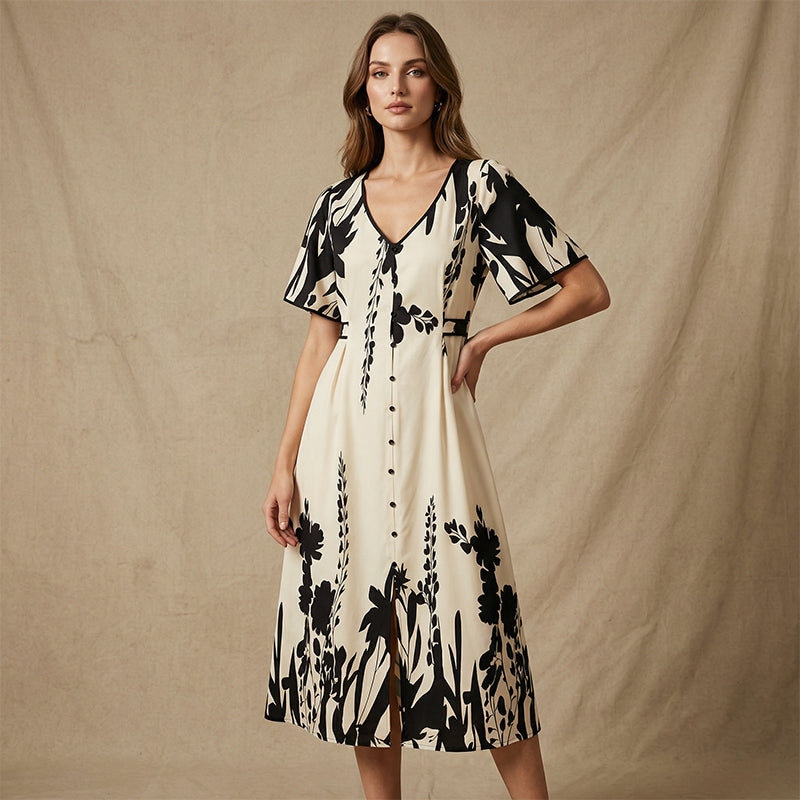 🔥Tendance 2026🔥Robe midi à col V et imprimé botanique doux – Élégante, légère et facile à assortir