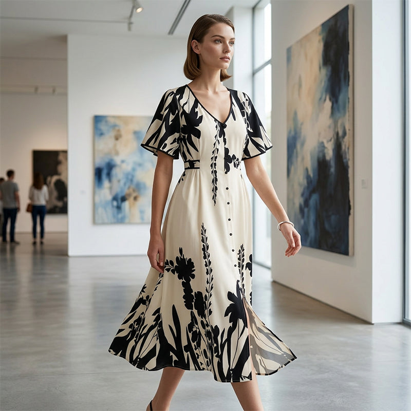🔥Tendance 2026🔥Robe midi à col V et imprimé botanique doux – Élégante, légère et facile à assortir