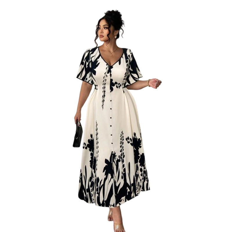 🔥Tendance 2026🔥Robe midi à col V et imprimé botanique doux – Élégante, légère et facile à assortir