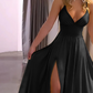 👗Robe longue à col en V, bretelles fines et fente haute✨